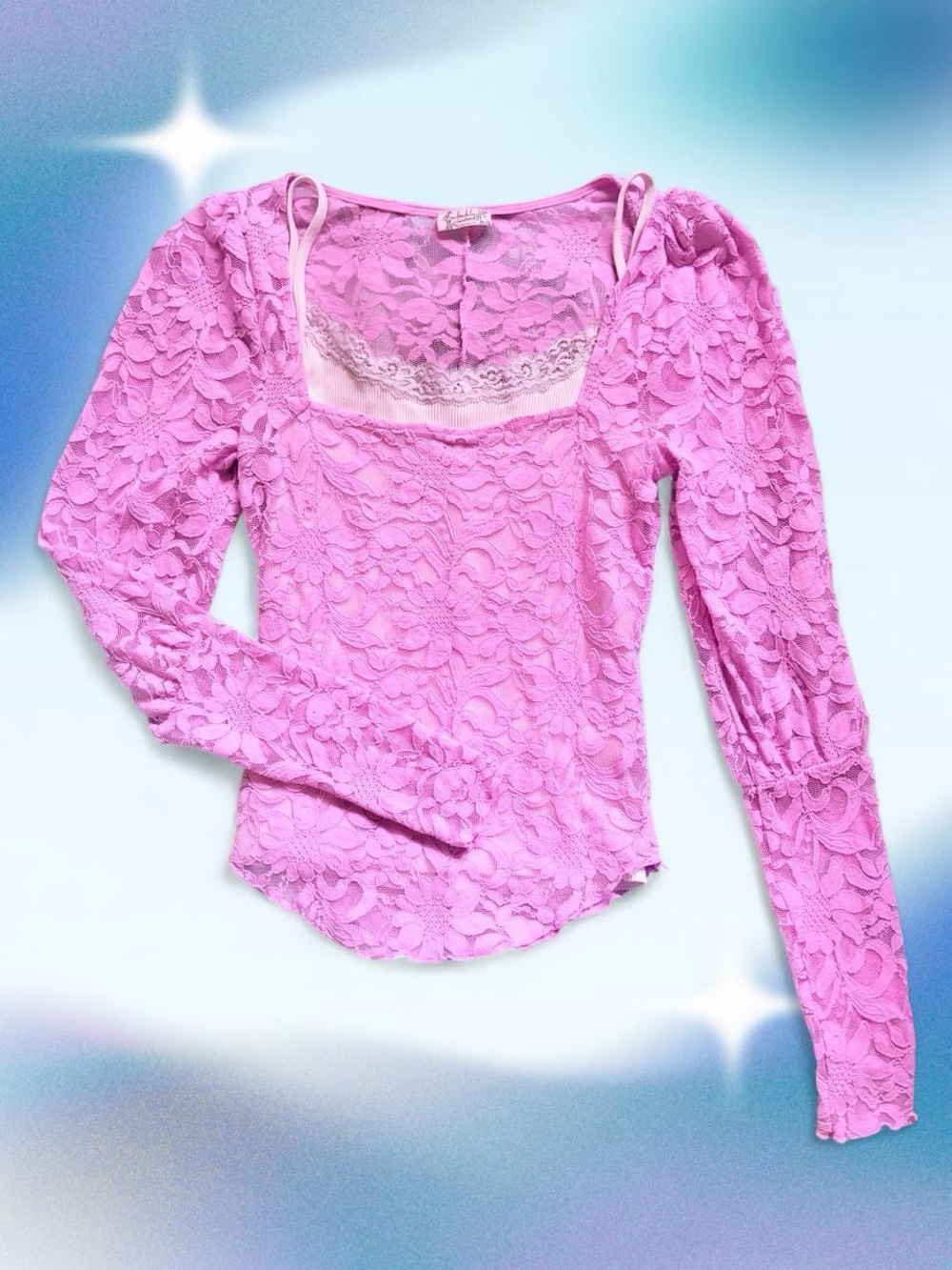 Free People Pink Lace Long-Sleeve Square Neck Top